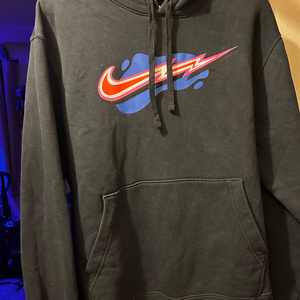Nike Black Hoodie with Red and Blue Swoosh Graphic